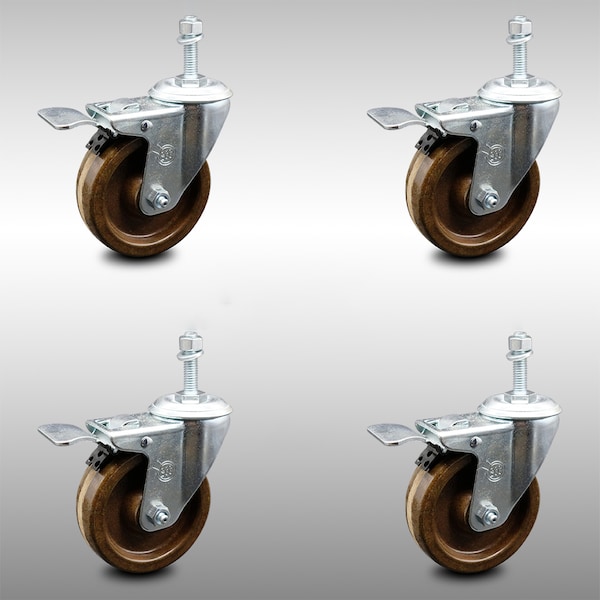 Service Caster 4 Inch SS High Temp Phenolic 3/8 Inch Threaded Stem Caster Set Total Lock Brake SCC-SSTSTTL20S414-PHSHT-381615-4 - main